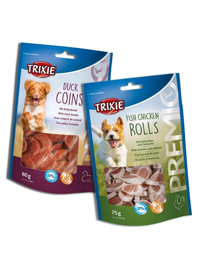 تريكسي مجموعة مكافآت الكلاب الفاخرة: قطع من بطة، 80 جرامًا ولفائف دجاج سمك، 75 جرامًا - وجبات خفيفة غنية بالبروتين وصحية وتدريبية لجميع سلالات الكلاب - Image 1