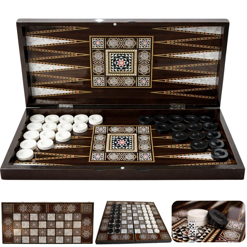 PARK & OZ ParkOz Pearl Premium Turkish Backgammon and Checkers Set 19 Inch Handmade 2 in 1 Wooden Board Game with Glossy Finish Luxury Checkers and Dice Travel Friendly and Foldable - Image 4