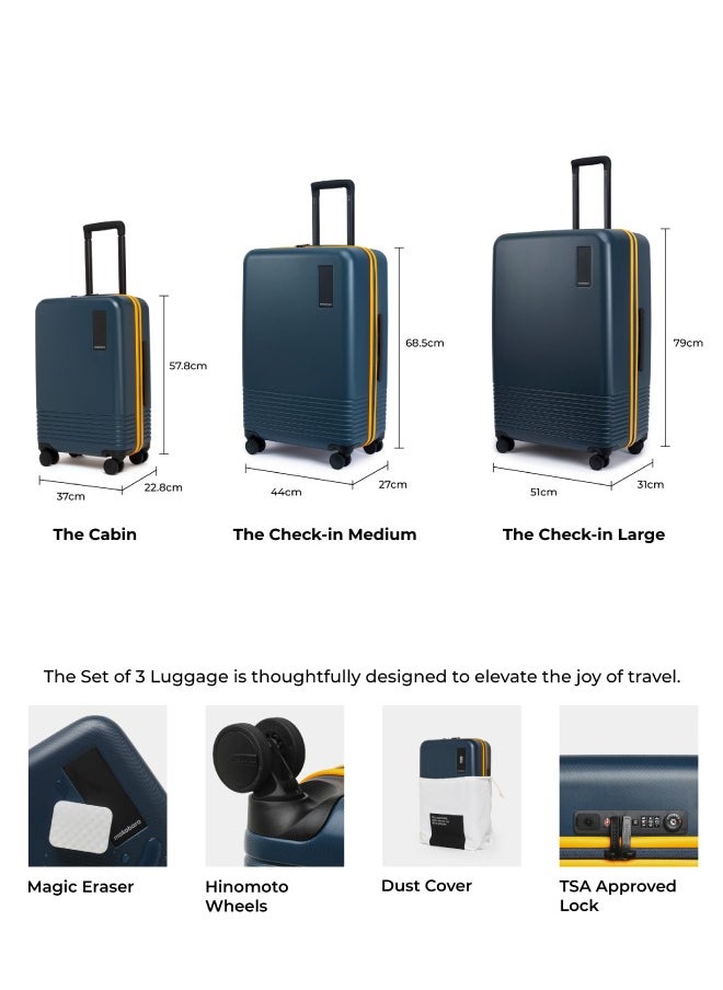Mokobara MOKOBARA Iconic Range The Set of 3 Polycarbonate Hard Shell Luggage 79Cms Cabin, Small Medium & Large Size German Makrolon Blue, 8 Spinner Wheels Suitcase Trolley, Hinomoto Wheels (Ocean Sunray)  - Image 5
