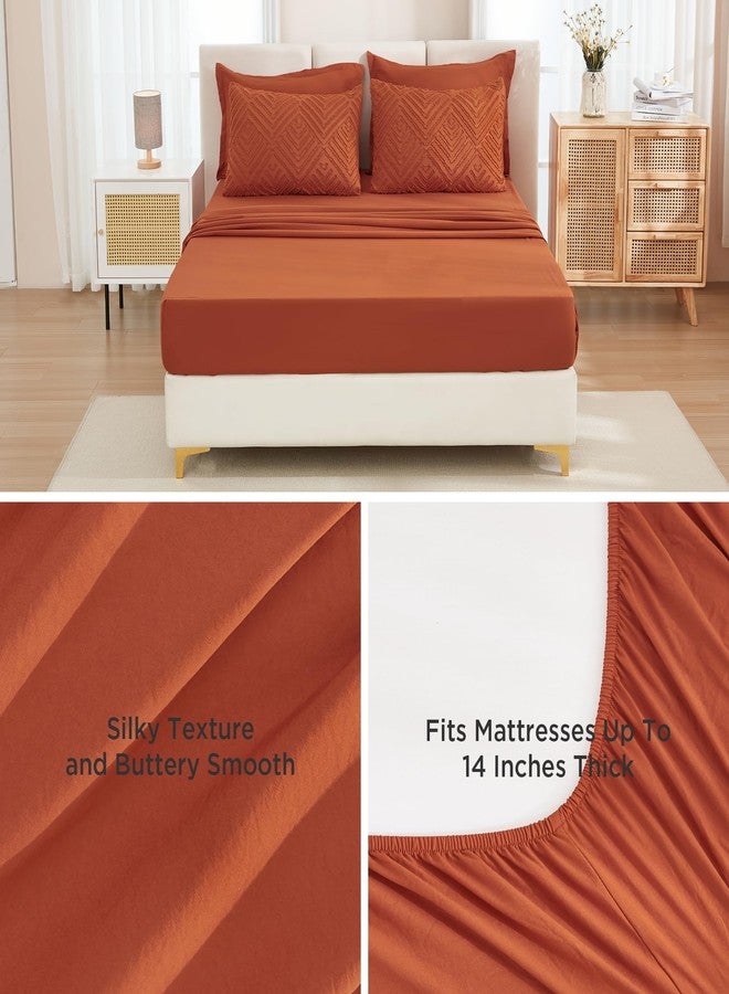 Andency Super King Plus Comforter Set Burnt Orange - 7 Pieces Bed in a Bag Oversized King Bedding Sets, Boho Tufted Terracotta Bedding Sets, Rust Bed Set with Comforter, Sheets, Pillowcases & Shams - Image 4