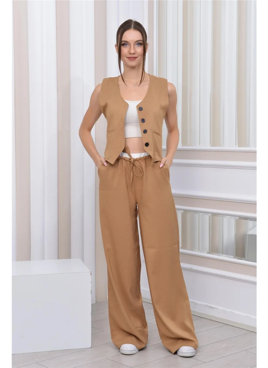 Nuseel Boxer Detailed Casual Trousers & Vest Two Piece Set Mink