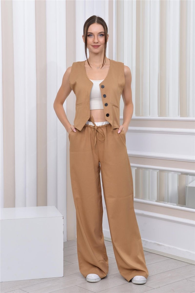 Nuseel Boxer Detailed Casual Trousers & Vest Two Piece Set Mink - Image 1
