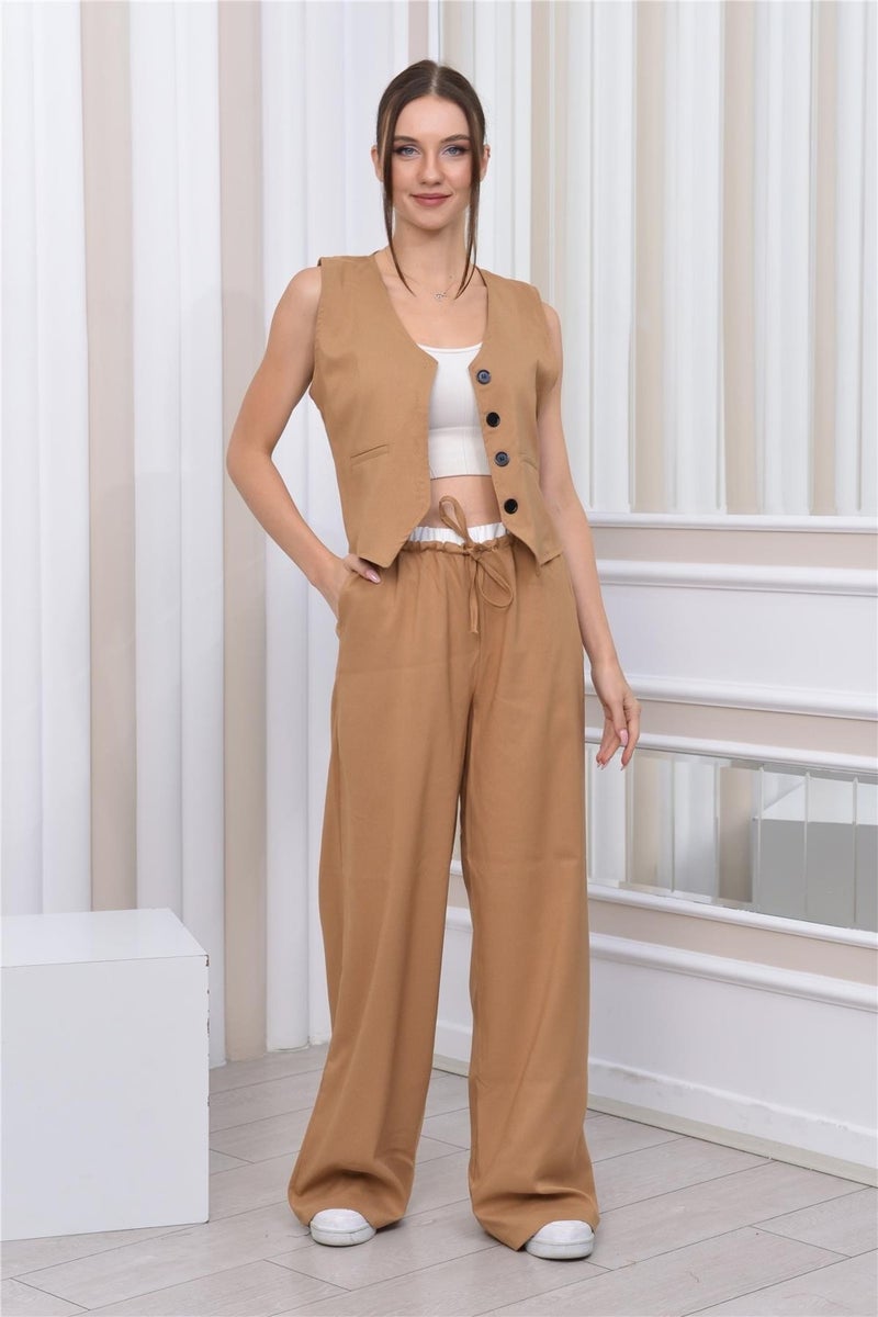Nuseel Boxer Detailed Casual Trousers & Vest Two Piece Set Mink - Image 2
