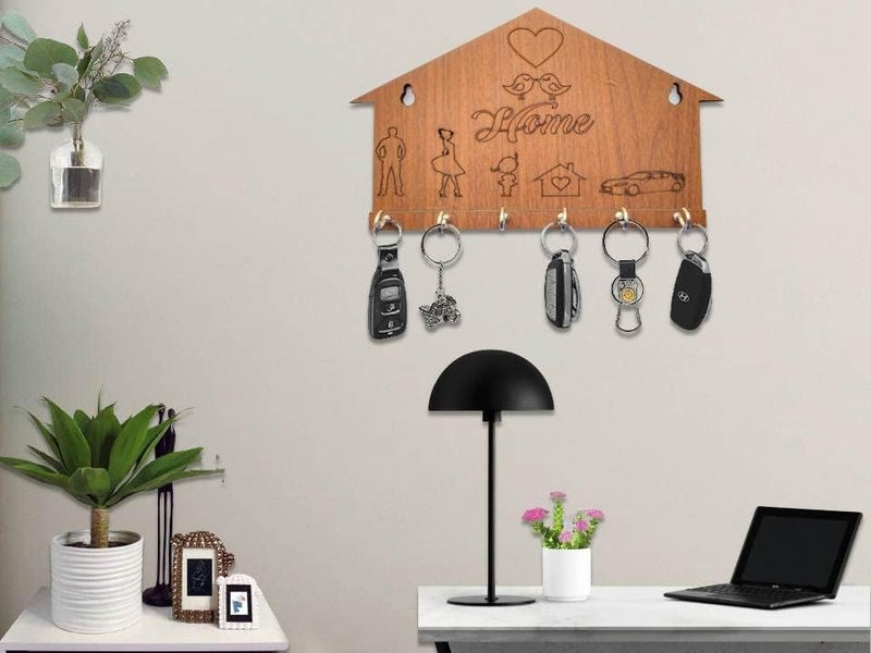 BHUMI ART BHUMI ART Home Key Holder for Wall Decor Wooden Key Hanger Handicraft Key Organizer for Wall Stylish Unique Key Stand Best Key Holders Husband Wife Daughter Car Birds Heart Marking Design 6 Hooks  - Image 5