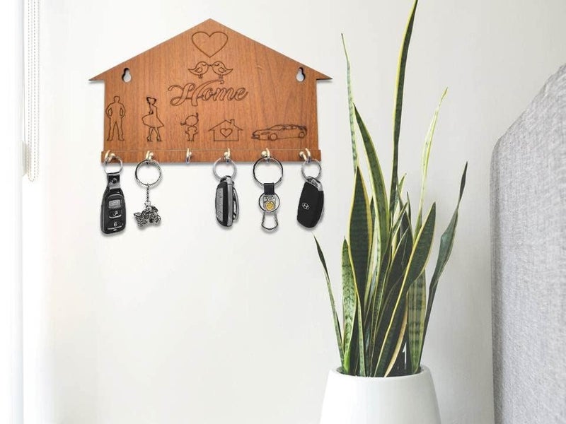 BHUMI ART BHUMI ART Home Key Holder for Wall Decor Wooden Key Hanger Handicraft Key Organizer for Wall Stylish Unique Key Stand Best Key Holders Husband Wife Daughter Car Birds Heart Marking Design 6 Hooks  - Image 3