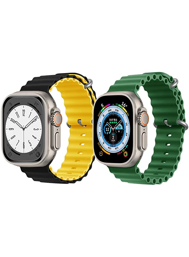 IAF Silicone Ocean Band Strap for Apple Watch Ultra 8 49mm Black/Yellow Double Side Strap with Green Single Color Strap Set of 2