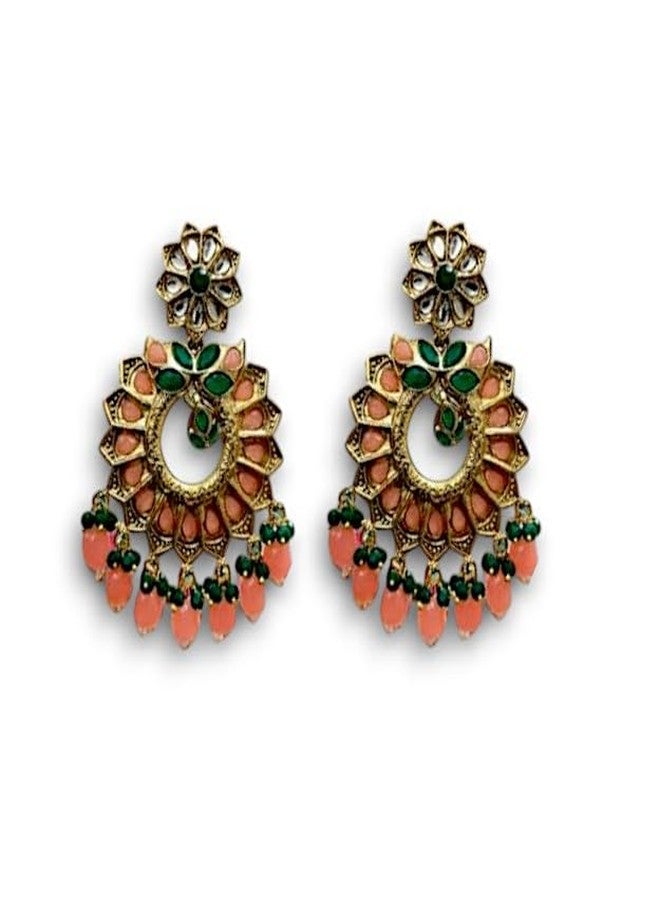 ACCESSHER Gold Tone Dangler Earrings for Women | Traditional Kundan, Green-Pink Studded Stone Floral Design Lightweight & Stylish | Earrings for Women & Girls - Image 2