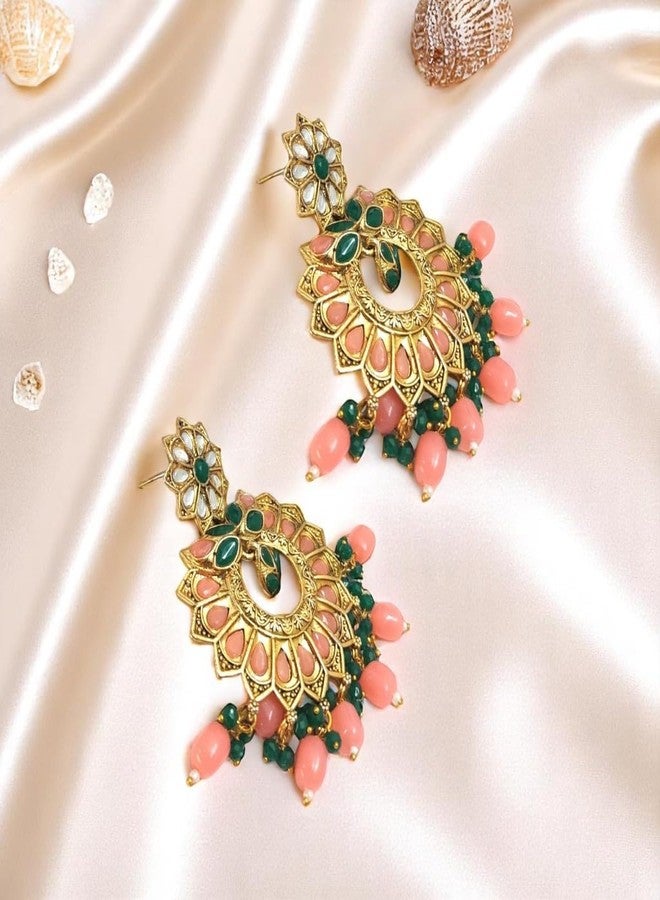 ACCESSHER Gold Tone Dangler Earrings for Women | Traditional Kundan, Green-Pink Studded Stone Floral Design Lightweight & Stylish | Earrings for Women & Girls - Image 4