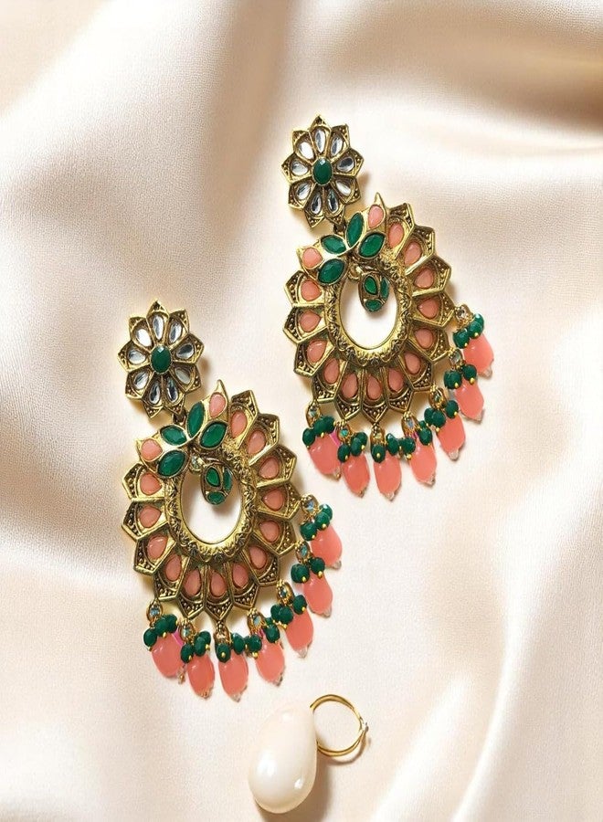 ACCESSHER Gold Tone Dangler Earrings for Women | Traditional Kundan, Green-Pink Studded Stone Floral Design Lightweight & Stylish | Earrings for Women & Girls - Image 3