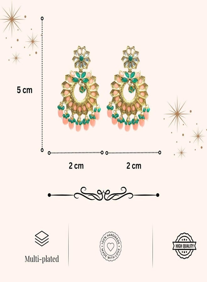 ACCESSHER Gold Tone Dangler Earrings for Women | Traditional Kundan, Green-Pink Studded Stone Floral Design Lightweight & Stylish | Earrings for Women & Girls - Image 5