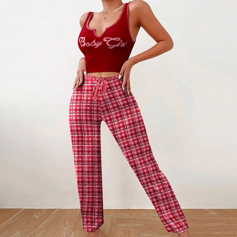 Baby Girl Sleeveless Top Letter Print Pajamas SetW0277 Vest Trousers-Red W0277 Vest Trousers-Red