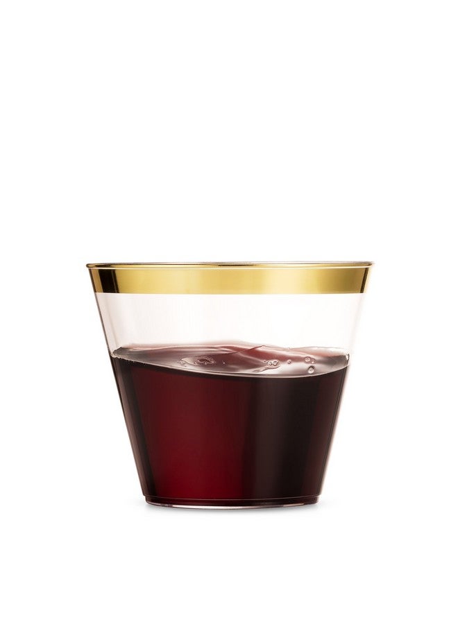 Munfix 100 9 Oz Clear Plastic Cups, Old Fashioned Tumblers, Fancy Disposable Wedding Cups, Elegant Party Cups with Gold Rim - Image 2