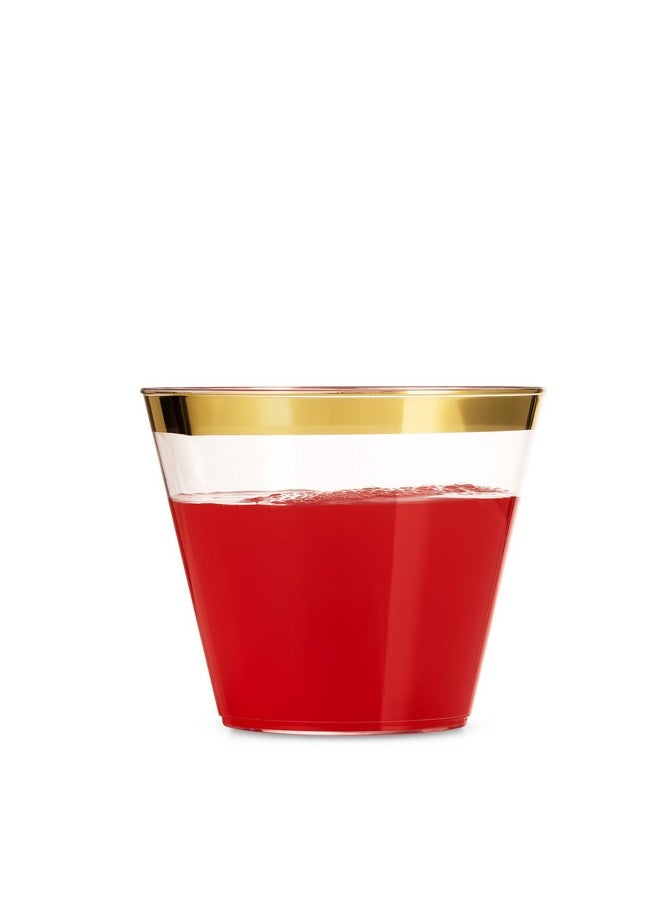 Munfix 100 9 Oz Clear Plastic Cups, Old Fashioned Tumblers, Fancy Disposable Wedding Cups, Elegant Party Cups with Gold Rim - Image 4