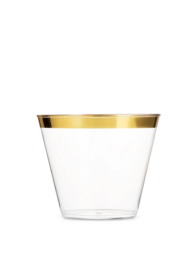 Munfix 100 9 Oz Clear Plastic Cups, Old Fashioned Tumblers, Fancy Disposable Wedding Cups, Elegant Party Cups with Gold Rim - Image 1