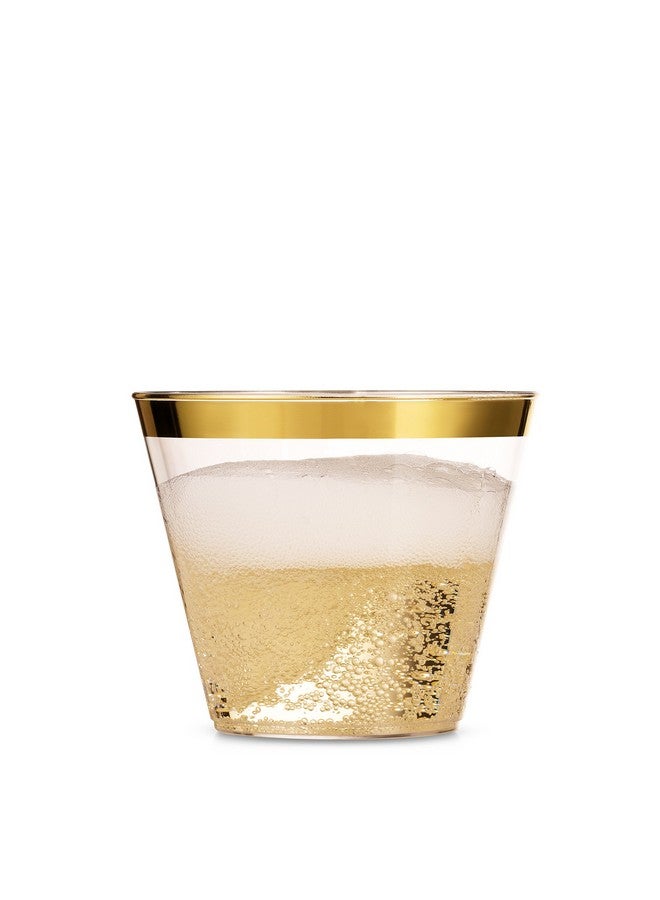 Munfix 100 9 Oz Clear Plastic Cups, Old Fashioned Tumblers, Fancy Disposable Wedding Cups, Elegant Party Cups with Gold Rim - Image 3
