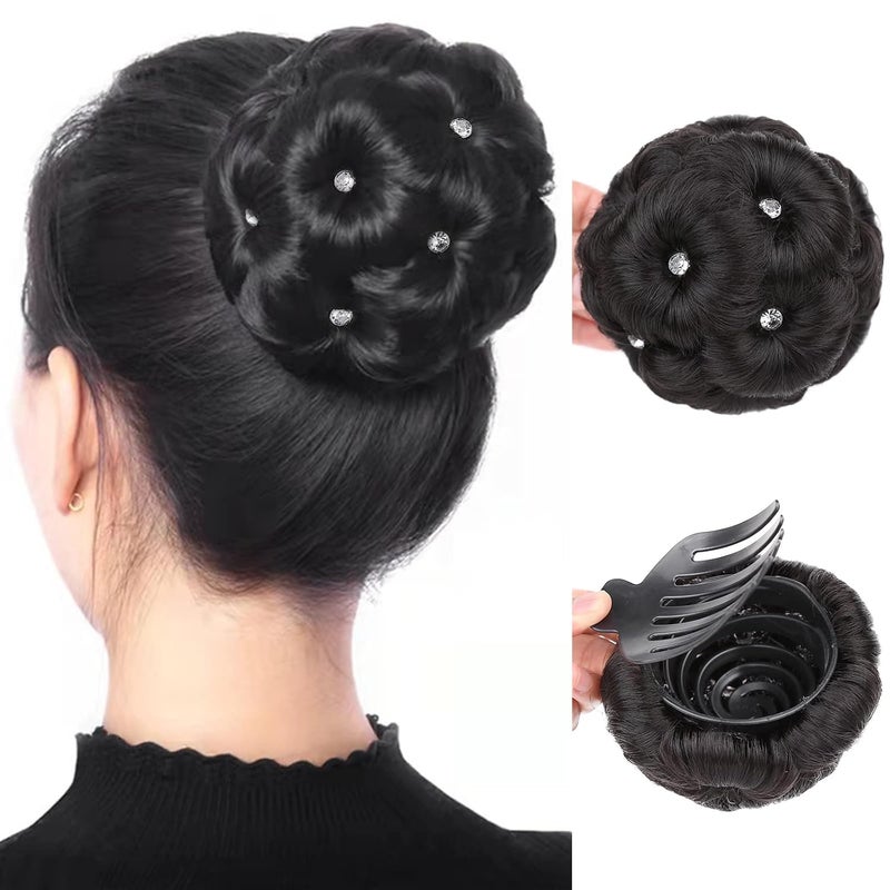 HANNE Clip in Fake Hair Bun for Women Black Chignon with Rhinestone Synthetic Tress Claw In Ponytail Hair Extension Updo Hairpiece Hair Buns Hair Piece Black Chignon with Rhinestone