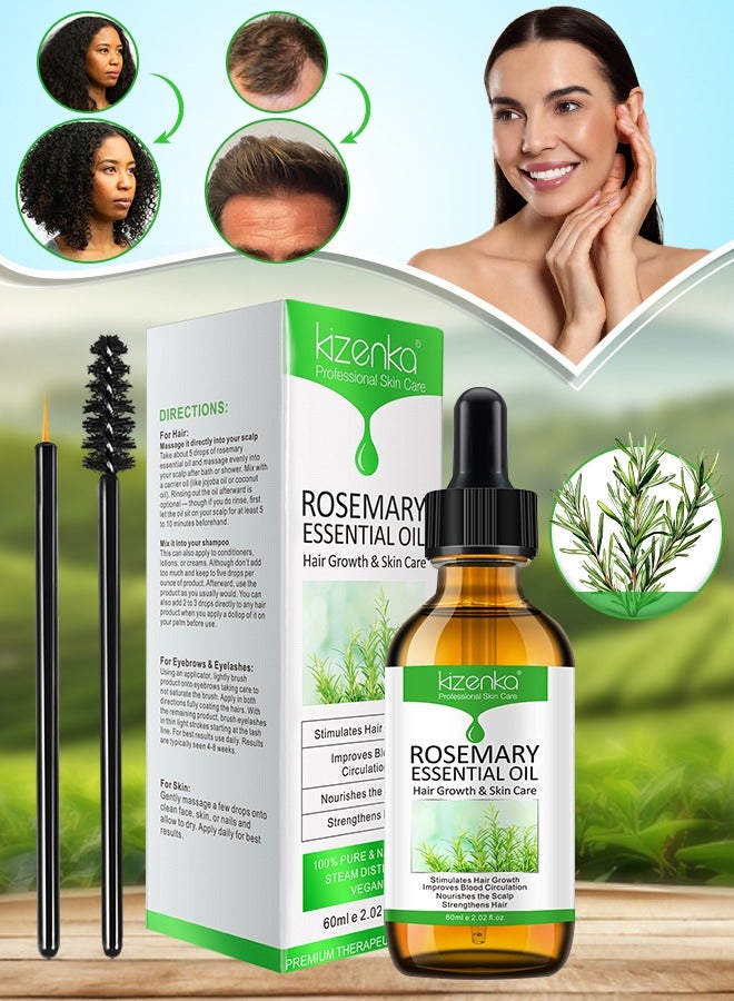 kizenka 60ml Rosemary Essential Oil  for Hair Growth Pure Organic Rosemary Oil for Dry Damaged Hair and Growth Hair Scalp Oil  Pure and Natural Premium Quality Oil Hair Loss Treatment Oil for Men and Women - Image 1