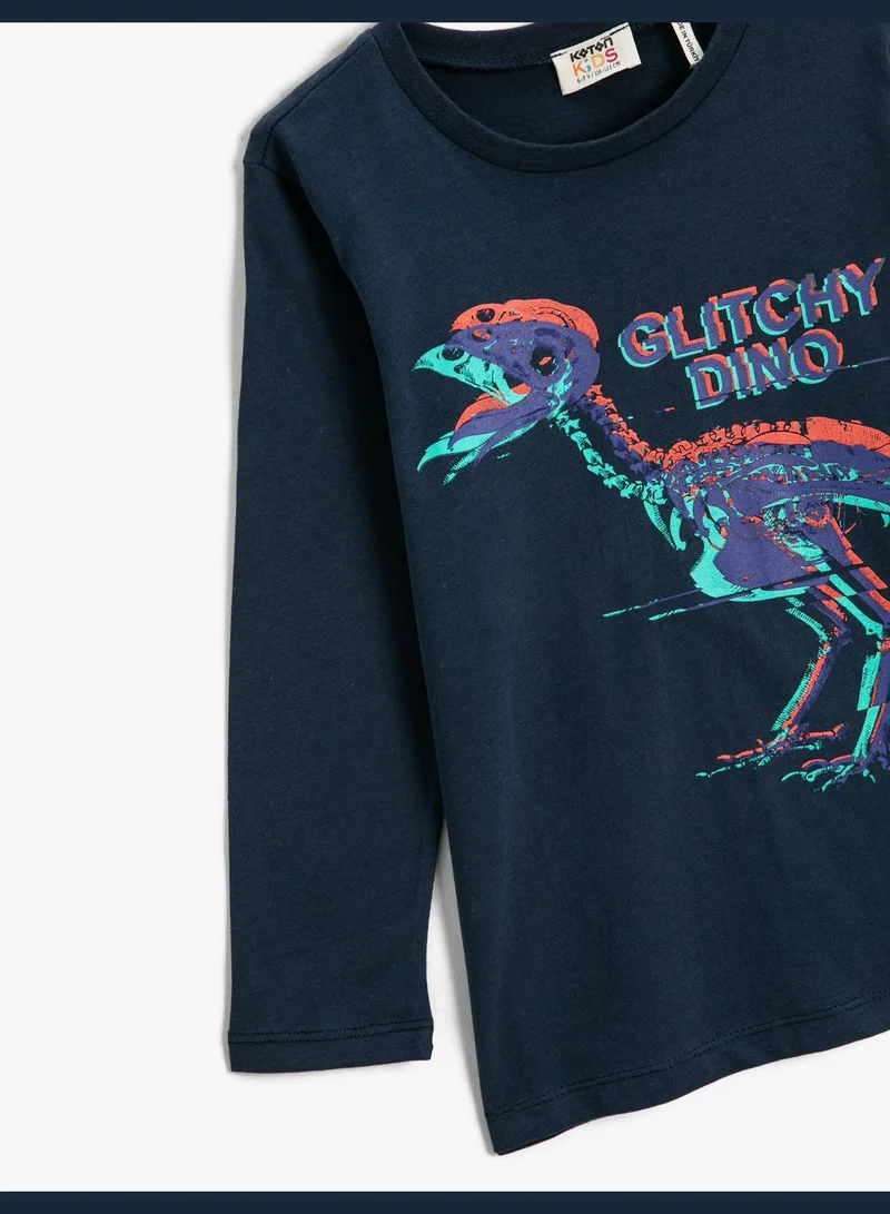 KOTON Dinosaur Printed Long Sleeve T-Shirt Crew Neck