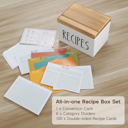 BWODYAY Recipe Box, Wood Recipe Card Box Set, Recipe Box with 100 Cards and 6 Dividers,4x6 Recipe Organizer, Recipe Card Holder, White - Image 4