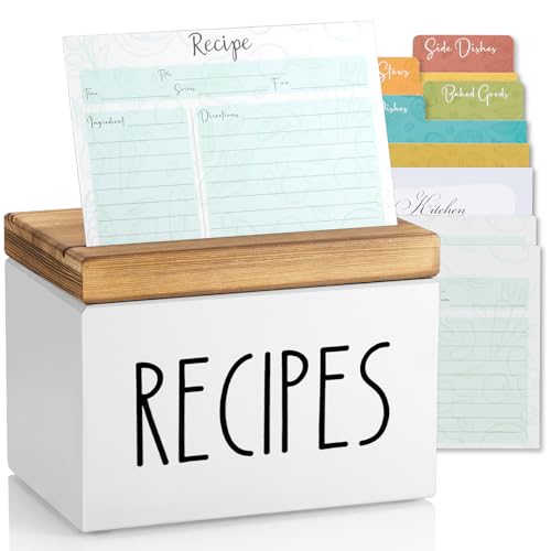 BWODYAY Recipe Box, Wood Recipe Card Box Set, Recipe Box with 100 Cards and 6 Dividers,4x6 Recipe Organizer, Recipe Card Holder, White - Image 1
