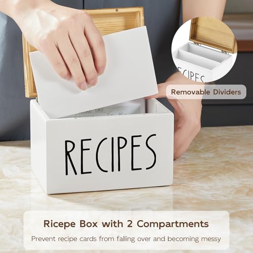 BWODYAY Recipe Box, Wood Recipe Card Box Set, Recipe Box with 100 Cards and 6 Dividers,4x6 Recipe Organizer, Recipe Card Holder, White - Image 2