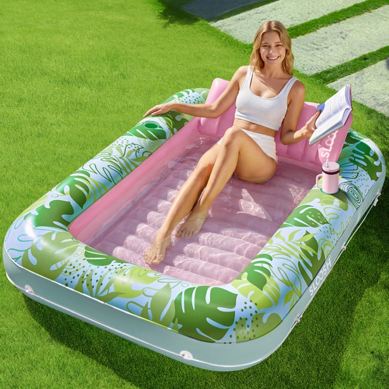 SLOOSH Inflatable Tanning Pool Lounger Float 70 x 46 Pool Floats Adult with Pillow 4 in 1 Suntan Tub Raft FloatieSunbathing Bed Lounge for Water Blow Up Kids Ball Pit Party Gifts LCyan Pink - Image 2