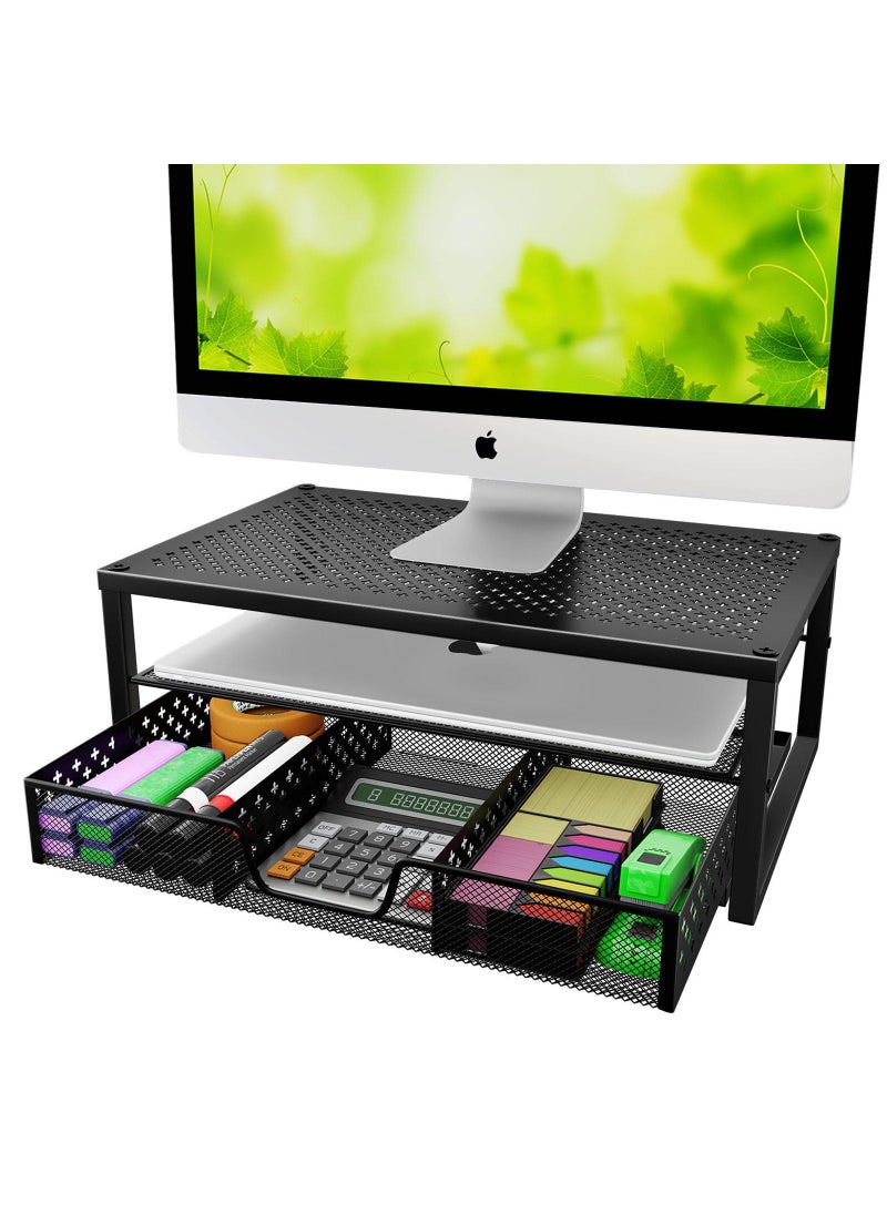 Simple Trending Simple Trending Metal Monitor Stand Riser and Computer Desk Organizer with Drawer for Laptop Computer iMac Black 