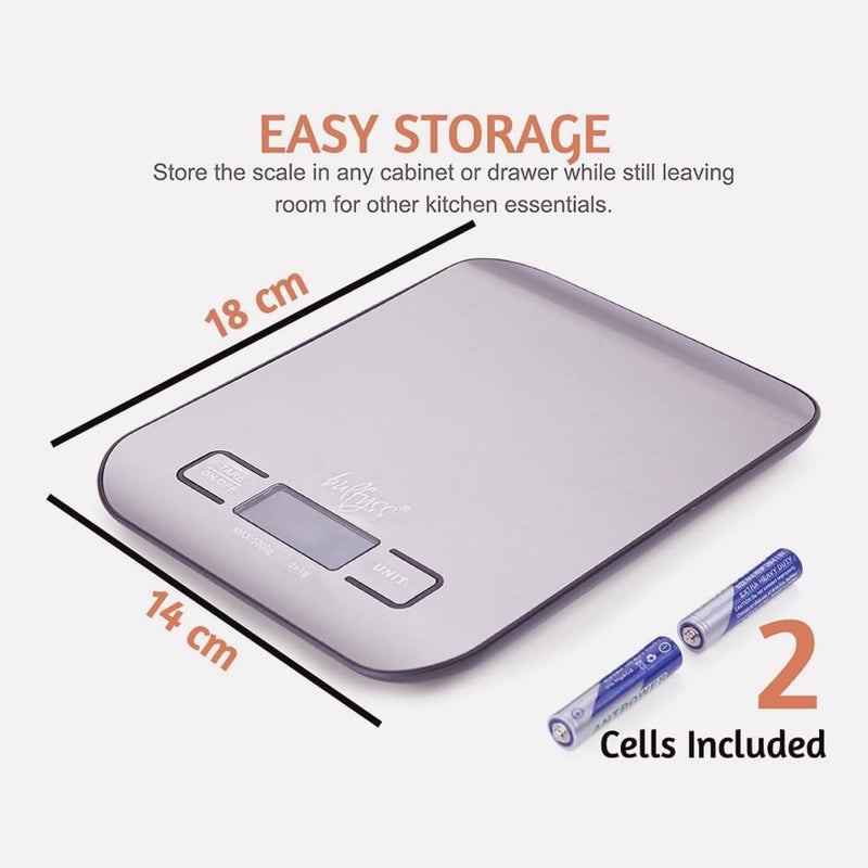 Bulfyss Stainless Steel Digital Kitchen Weighing Scale & Food Weight Machine for Diet, Nutrition, Health, Fitness, Baking & Cooking , Stainless Steel, 18 x 14 x 1 cm Grey - Image 5