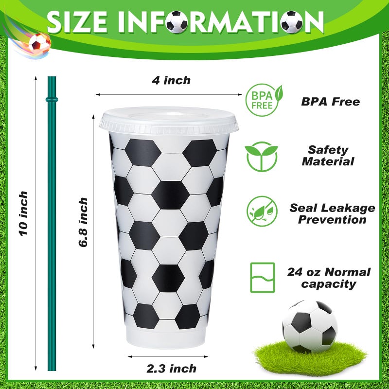 Uiifan 12 Pcs Plastic Soccer Cups Reusable Tumbler with Lid and Straw Sports Gifts for Coach Fan Men Women Soccer Party Favors Sports Themed Party Decoration (24 oz) - Image 2