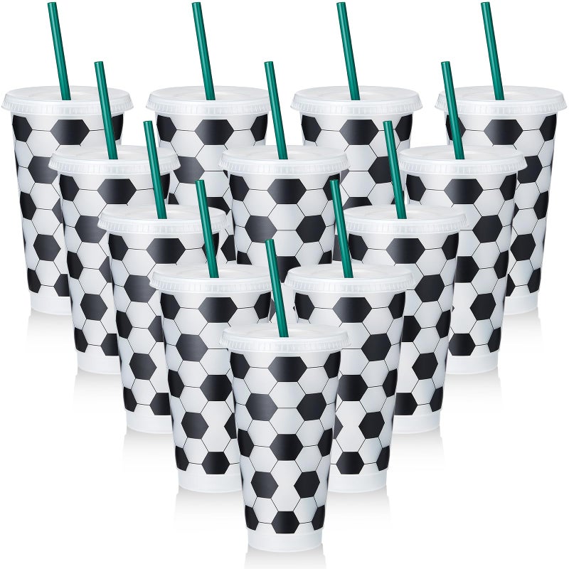 Uiifan 12 Pcs Plastic Soccer Cups Reusable Tumbler with Lid and Straw Sports Gifts for Coach Fan Men Women Soccer Party Favors Sports Themed Party Decoration (24 oz) - Image 1