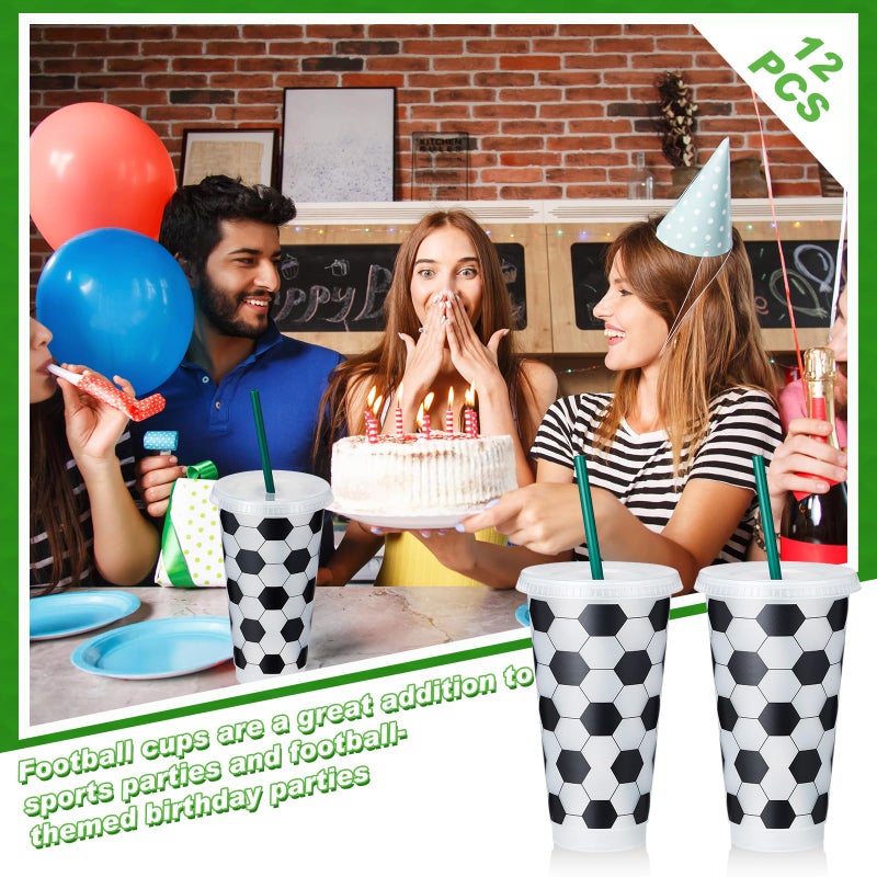 Uiifan 12 Pcs Plastic Soccer Cups Reusable Tumbler with Lid and Straw Sports Gifts for Coach Fan Men Women Soccer Party Favors Sports Themed Party Decoration (24 oz) - Image 5