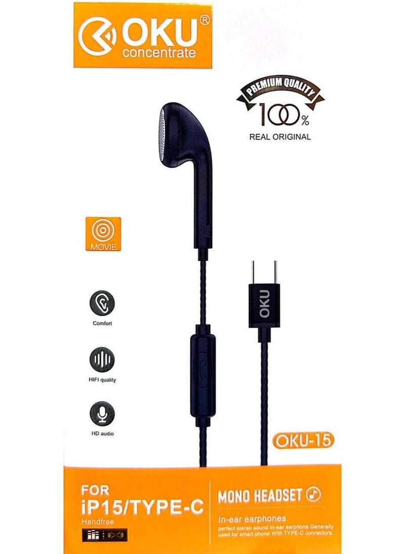 أوه كيه يو كونسينتريت سماعات OKU أحادية بمنفذ تايب سي – صوت HiFi عالي الدقة، تصميم مريح داخل الأذن، أسود (OKU-15) - Image 2