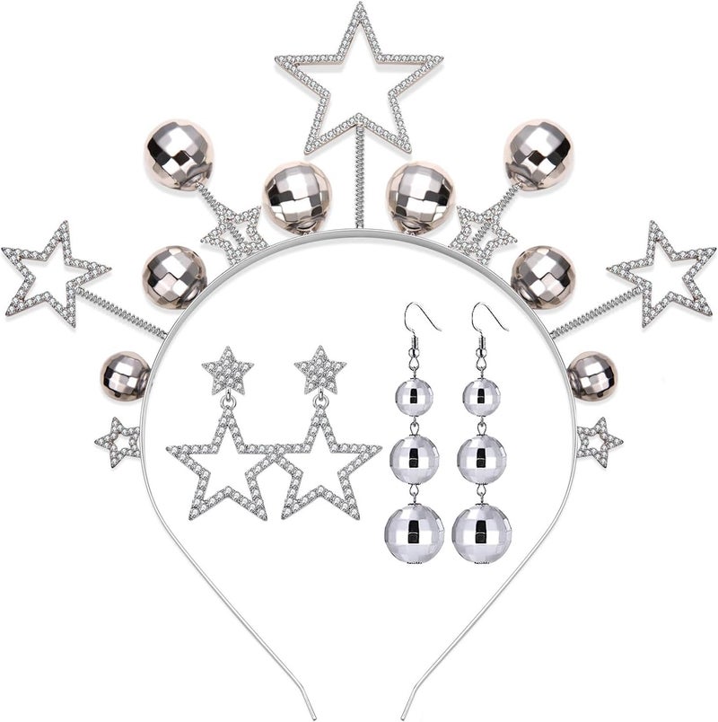 Disco Ball Headbands for Women Rhinestone Star Headbands Tiara 70s 80s Accessory Concert Halloween New Years Eve Gifts