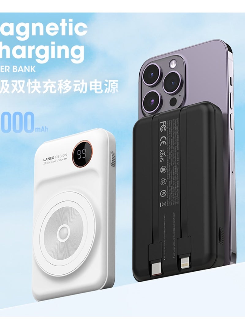 10000mAh Power Bank with 15W Wireless Charging, Digital Display, Built-in 22.5W Type-C Cable and PD 20W Lightning Cable, LANEX N7 - Black