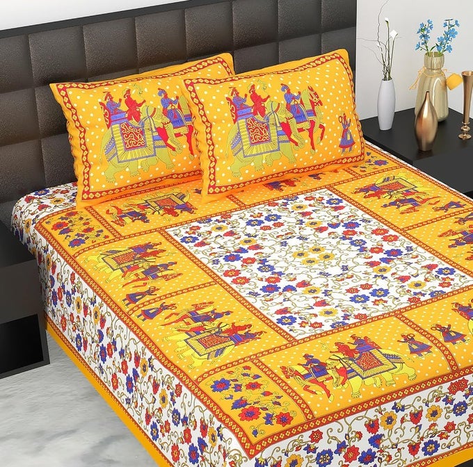 EWISH BOX TRADITIONAL RAJASTHANI PRINT DOUBLE BEDSHEET SET WITH 2 PILLOW COVERS YELLOW AND WHITE ELEPHANT AND FOLK ART DESIGN
