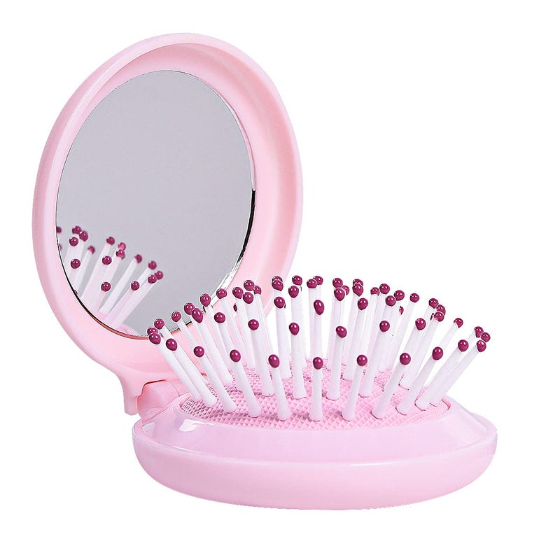 Trikeel Mini Folding Hair Brush with Mirror, Compact Pop up Pocket Brush, Small Travel Size Flip Hair Brush for PurseBackpack,Pink - Image 1