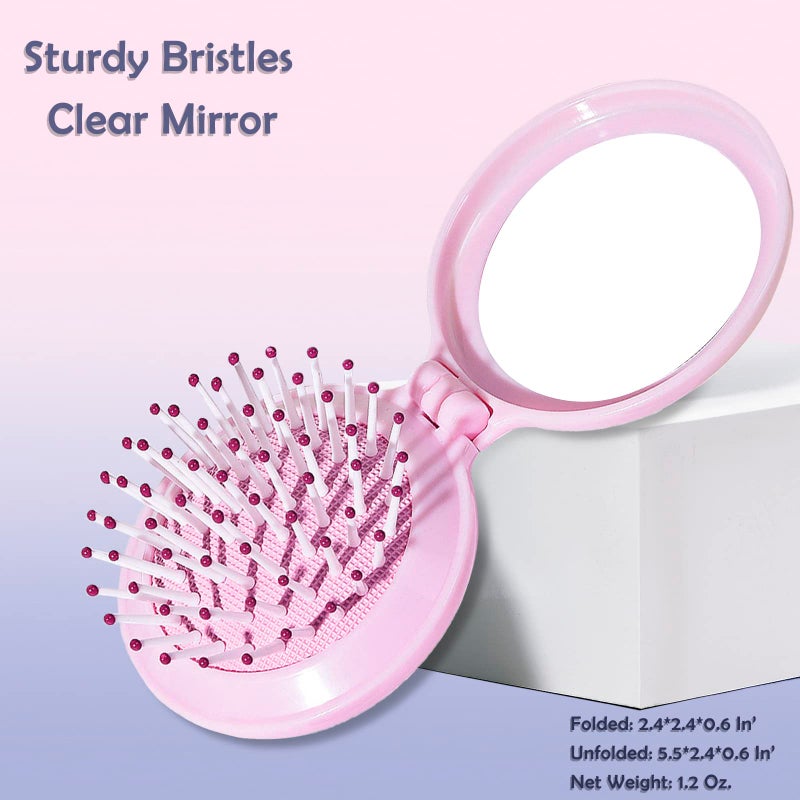 Trikeel Mini Folding Hair Brush with Mirror, Compact Pop up Pocket Brush, Small Travel Size Flip Hair Brush for PurseBackpack,Pink - Image 2