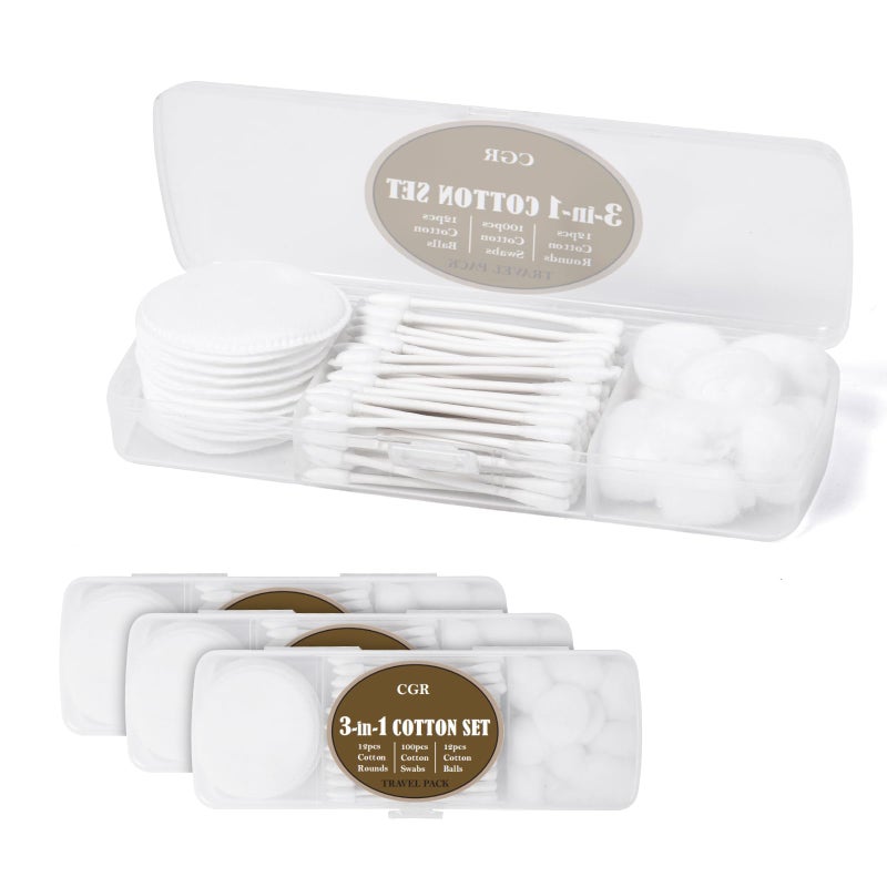 CGR Travel Cotton Swabs Set Portable, eack Pack with 100 Cotton Swabs, 12 Cotton Rounds, 12 Cotton Balls in Reusable Storage Box for Ear, Cosmetics, Makeup Remover, Nail Polish Remover(Pack of 3) - Image 1