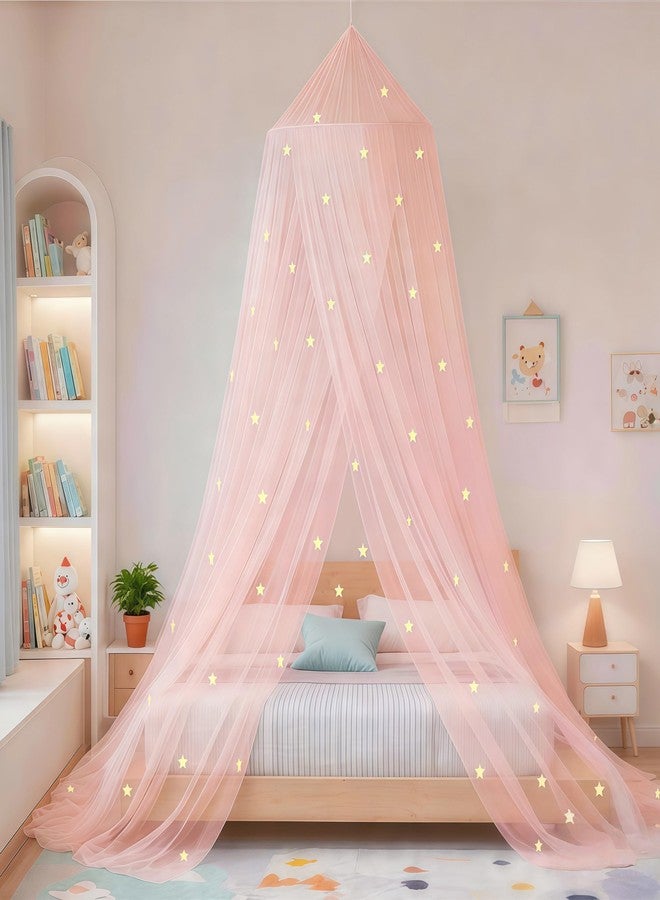 Eimilaly Bed Canopy for Girls Mosquito Net, Princess Bed Canopy for Girls Room Decor - Insect Protection Hanging Canopy for Indoor(Pink,Stars Glow in the Dark) - Image 1