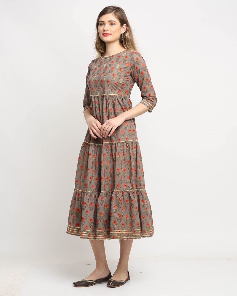 Rajnandini Women's Pure Cambric Cotton Jaipuri Floral Printed Kurti (JOPLJPR99-XL_Grey & Orange_XL) - Image 3