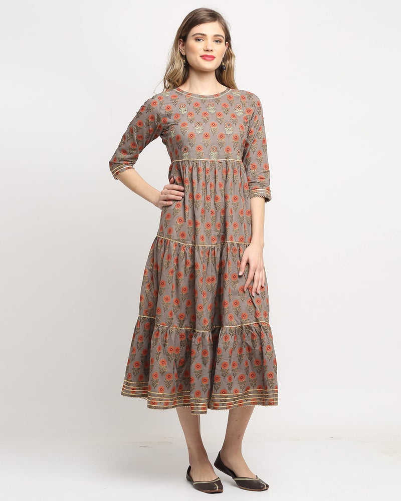 Rajnandini Women's Pure Cambric Cotton Jaipuri Floral Printed Kurti (JOPLJPR99-XL_Grey & Orange_XL) - Image 4