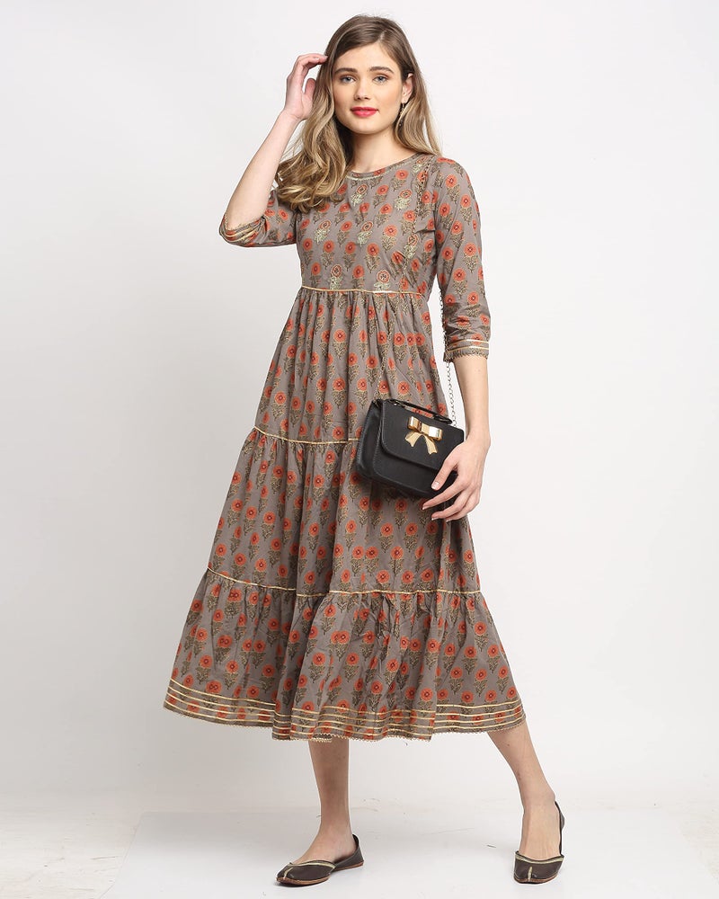 Rajnandini Women's Pure Cambric Cotton Jaipuri Floral Printed Kurti (JOPLJPR99-XL_Grey & Orange_XL) - Image 5