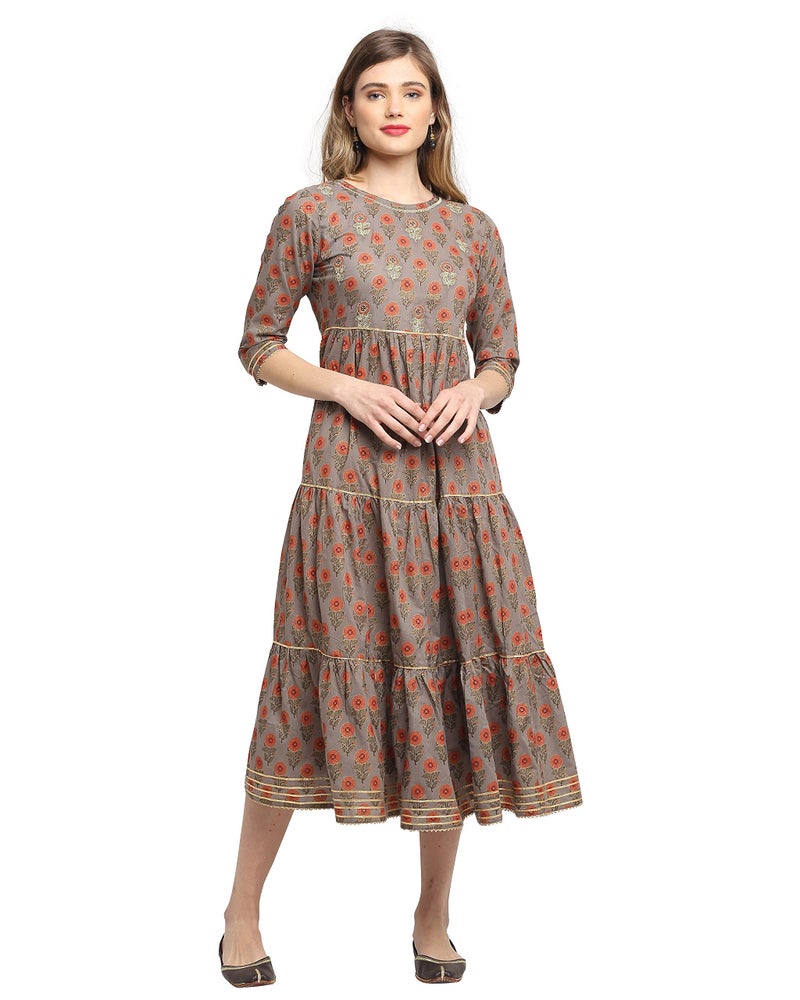 Rajnandini Women's Pure Cambric Cotton Jaipuri Floral Printed Kurti (JOPLJPR99-XL_Grey & Orange_XL) - Image 1