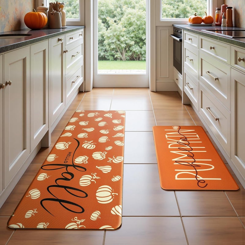 VivaNest Fall Autumn Pumpkin Orange Kitchen Rug Sets [2 PCs], Anti-Fatigue, Waterproof Non-Slip Kitchen Mats Heavy Duty Comfort Foam Rug for Kitchen, Floor, Laundry,17"x29"+17"x47" - Image 1