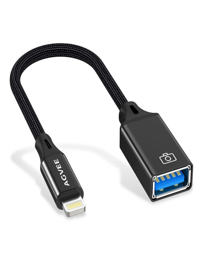 AGVEE 4 inch Lightning to USB Female Camera Adapter, OTG Cable for iPhone iPad to Connect Card Reader, USB Flash Drive, MIDI, Keyboard, Mouse, Hubs, Plug & Play, Black - Image 1