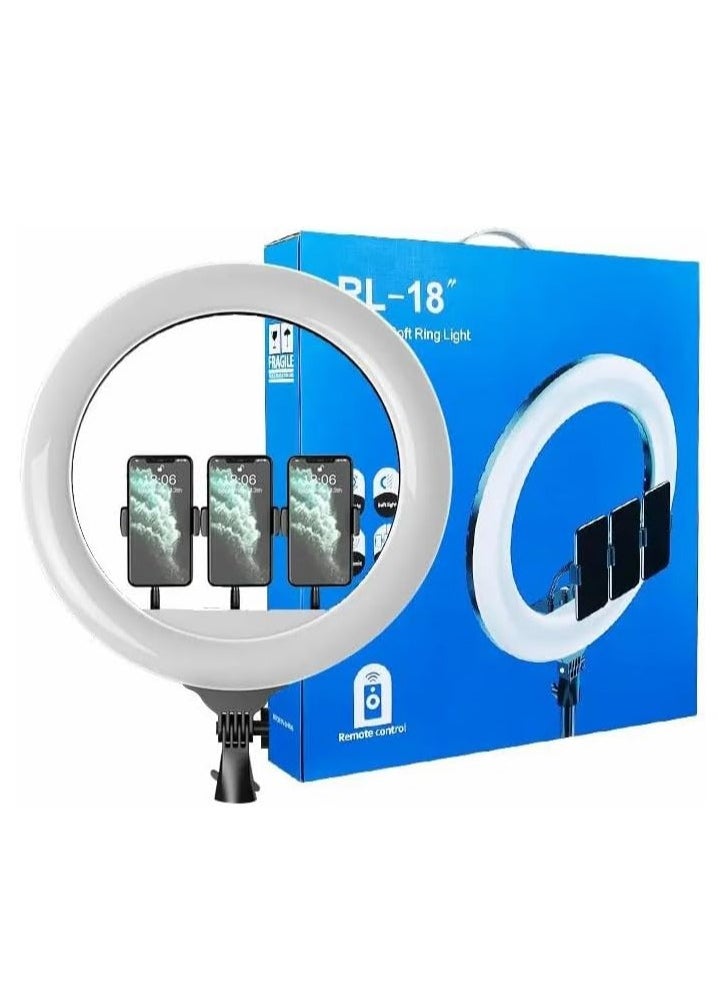 آر إل حلقة إضاءة LED ناعمة للبث المباشر وماكيب ارتيست 360 درجة 2700-6500 كلفن مع 3 حوامل للموبايل وجهاز تحكم عن بعد وحامل 2 متر وقطر 45 سم، أبيض وأصفر وماكس RL-18 مع شنطة  - Image 1