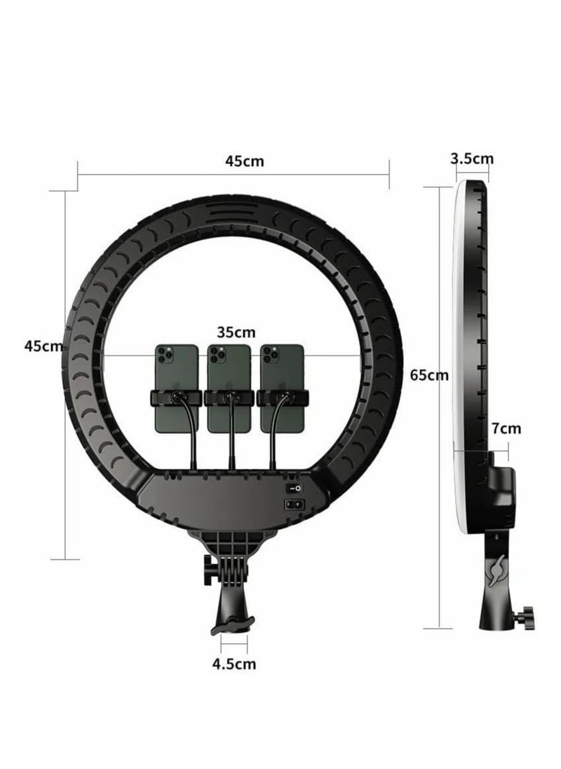 آر إل حلقة إضاءة LED ناعمة للبث المباشر وماكيب ارتيست 360 درجة 2700-6500 كلفن مع 3 حوامل للموبايل وجهاز تحكم عن بعد وحامل 2 متر وقطر 45 سم، أبيض وأصفر وماكس RL-18 مع شنطة  - Image 2