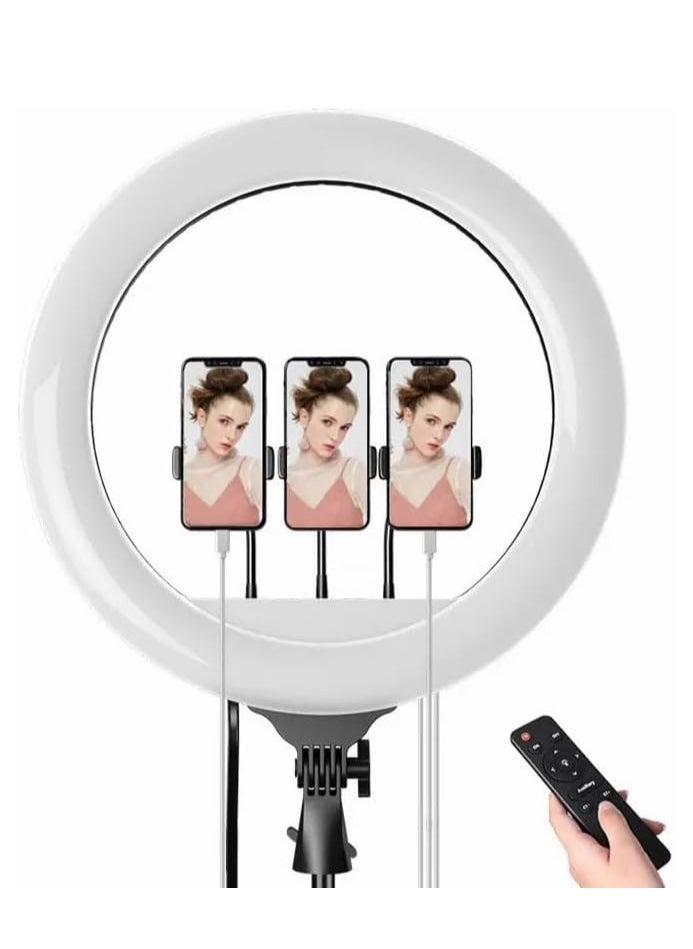 آر إل حلقة إضاءة LED ناعمة للبث المباشر وماكيب ارتيست 360 درجة 2700-6500 كلفن مع 3 حوامل للموبايل وجهاز تحكم عن بعد وحامل 2 متر وقطر 45 سم، أبيض وأصفر وماكس RL-18 مع شنطة  - Image 5
