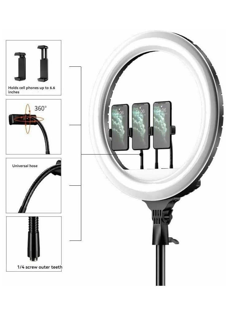 Soft LED Ring Light for Live Streaming and Makeup Artist 360 Degree 2700-6500K with 3 Mobile Phone Holders, Remote Control, 2m Stand, 45cm Diameter, White, Yellow, Max RL-18 with Bag