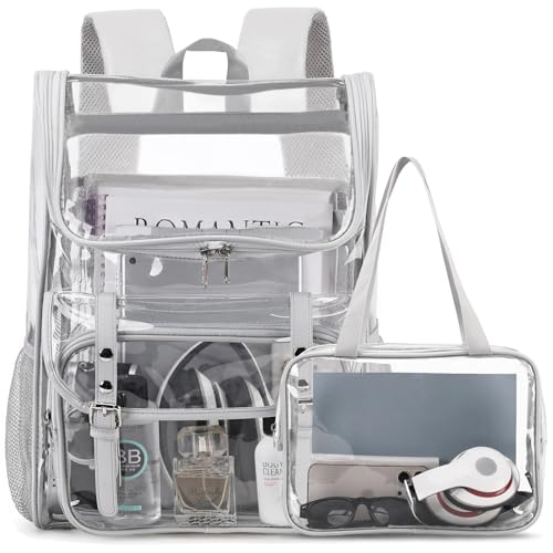 DIGOBAY Clear Backpack with Lunch Bag Set Leather Clear Backpack Heavy Duty Thick PVC Bookbag Large See Through Transparent Backpacks with Support Pad for College Travel Workplace Security Gray - Image 1